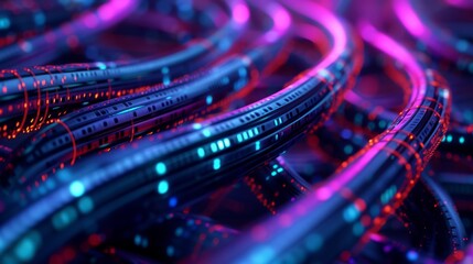 close up dark image of several cables wrapped in neon colored wire - obrazy, fototapety, plakaty