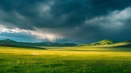 Obraz premium landscape photo. A late afternoon panoramic photograph of the Mongolian grasslands as a storm approache