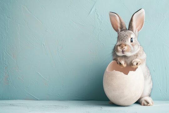 Cute bunny with an eggshell.