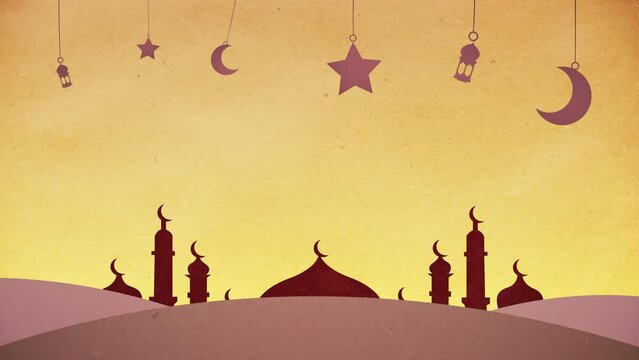 2D cartoon animation of a mosque in the desert