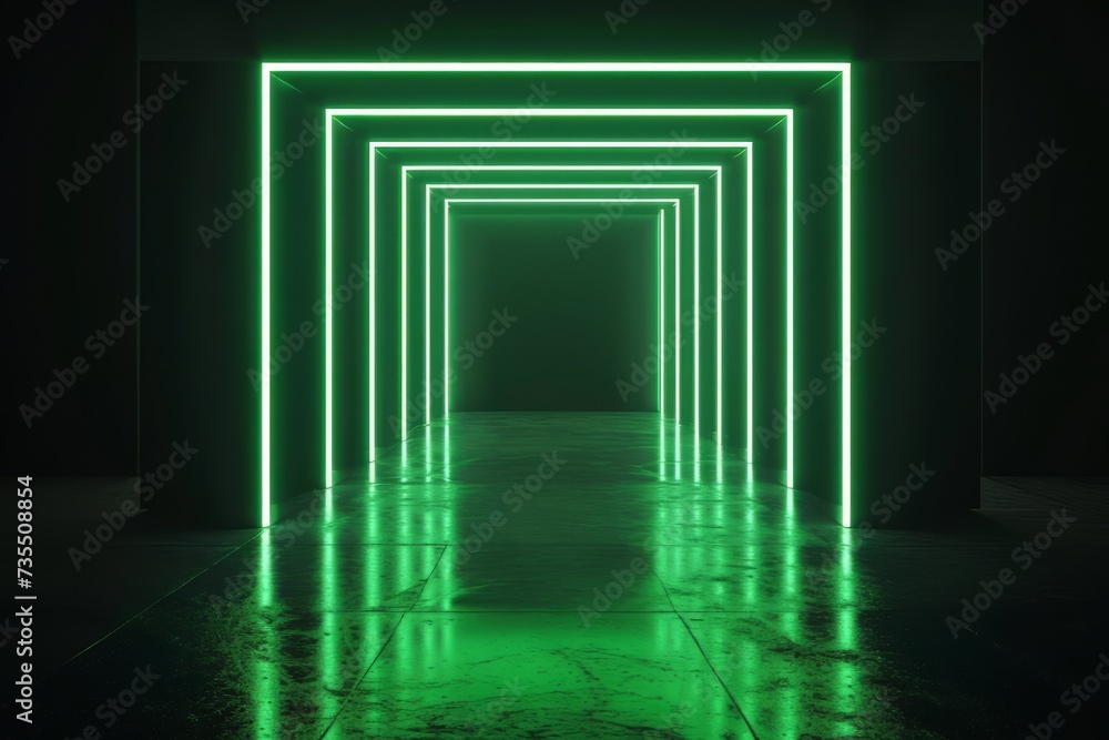 Poster abstract background with neon lines glowing in ultraviolet spectrum. empty virtual room, square fram