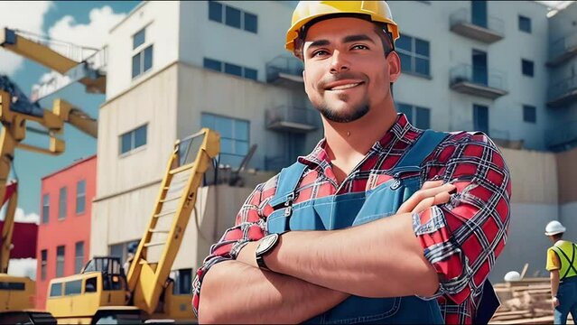 A smiling construction worker in a hard hat and plaid shirt with crossed arms standing in front of a building site with machinery.