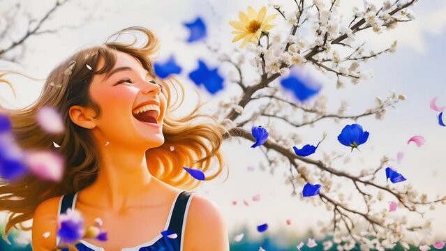 A joyous woman laughing amidst a shower of flower petals under a blossoming tree, symbolizing happiness and the essence of spring.