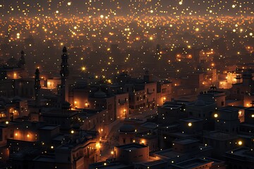 A 3D cityscape during Ramadan featuring twinkling lights from afar