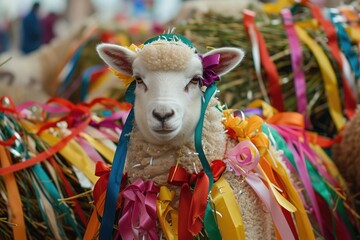 Lamb decorated with ribbons for the festivities of Eid al-Adha