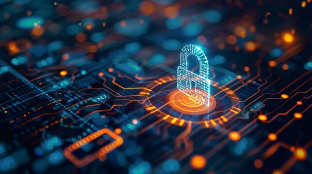 High-resolution digital image illustrating a glowing security padlock symbol on a detailed circuit board.
