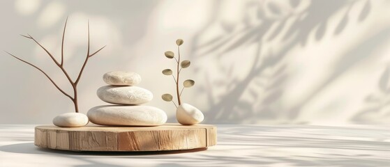 Wooden podium display with natural bamboo pedestal featuring wooden branch and white beach stones, casting shadows, pastel white background. Perfect for promoting cosmetics, beauty products.
