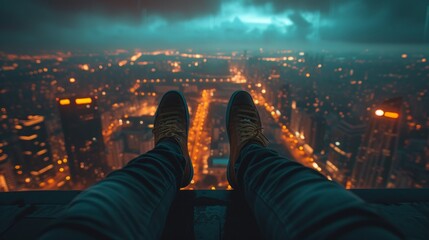 A person's feet are on a ledge looking down at the city, AI - Powered by Adobe