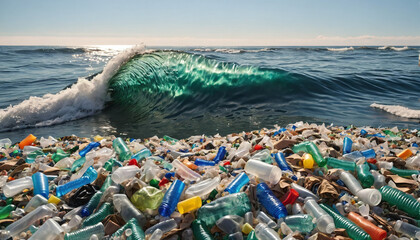 Free-floating industrial plastic waste in the ocean and on beaches, massively polluting coastal regions and waters around the world - ai generated