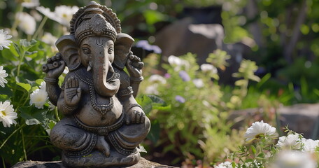 Fototapeta na wymiar A stone statue of Ganesha in a flower garden. Photorealistic composition for sliders and banners with empty space for text