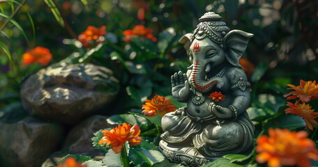 Obraz premium A stone statue of Ganesha in a flower garden. Photorealistic composition for sliders and banners with empty space for text