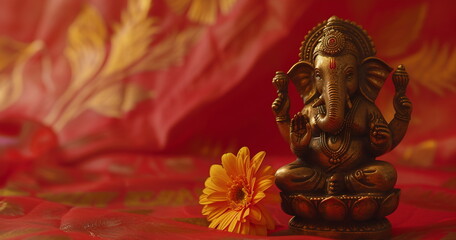 Ganesha statuette, photorealistic composition on red background with flower. Photorealistic composition for sliders and banners with empty space for text