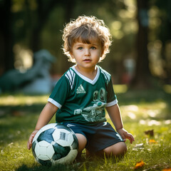 "Young toddler showcases soccer skills as an enthusiastic player on the field."