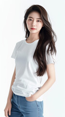 Obraz premium girl. Shooting commercials in studio. White t-shirt short sleeve and jeans