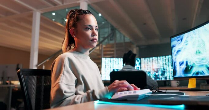 Woman, engineer or coding on keyboard by computer screen or productivity on futuristic technology. Developer, reading or work on gaming programming on neon mousepad or connection to design at night