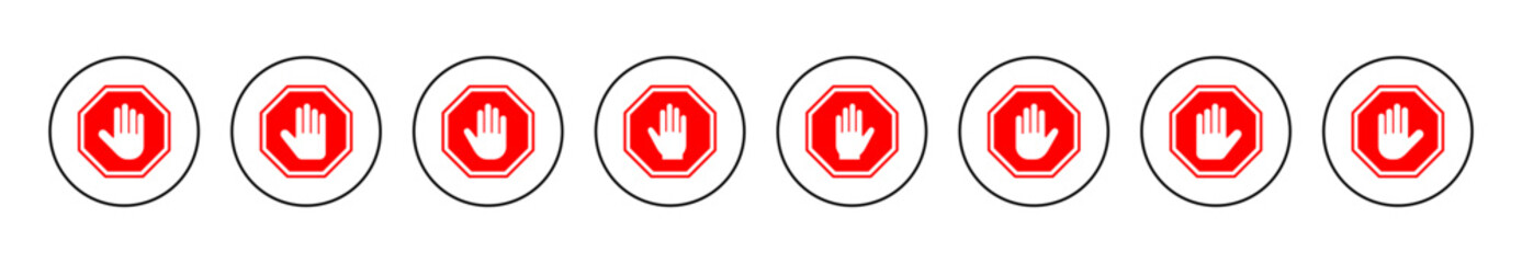 Stop icon set vector. stop road sign. hand stop sign and symbol. Do not enter stop red sign with hand