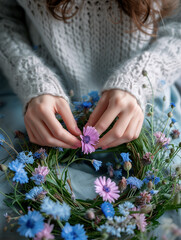 Fototapeta premium Woman in cozy gray sweater making a wreath of fresh wild flowers and herbs for Scandinavian midsummer celebration. Florist creating a summer decoration. Traditional craftsmanship.