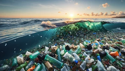 Foto op Canvas Free-floating industrial plastic waste in the ocean and on beaches, massively polluting coastal regions and waters around the world - ai generated © Christoph Burgstedt