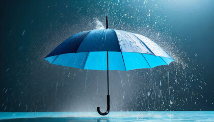 Blue umbrella under heavy rain splash