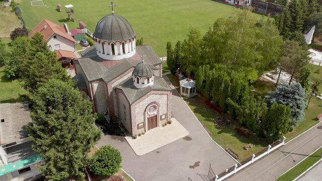 Aerial View of Ortodox Church in Town of Temerin on beautiful sunny day