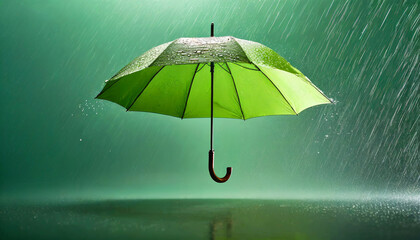 Green umbrella under heavy rain splash