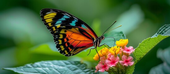 Vibrant colorful butterfly perched gracefully on beautiful blooming flower in nature