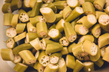 Okra sliced. Heap of sliced ​​green okra