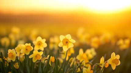 Fototapeta premium Daffodil field with golden sunlight, capturing the beauty of nature and symbol of renewal