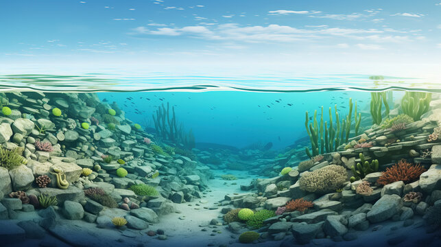 Cross-section of tropical seascape. Corals, sponges, fish, and algae in the clean sea. Seafloor with rich wildlife. Digital illustration of underwater world. Clear water in the ocean.
