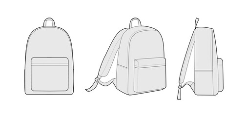 Backpack silhouette bag. Fashion accessory technical illustration. Vector schoolbag front, side 3-4 view for Men, women, unisex style, flat handbag CAD mockup sketch outline isolated - obrazy, fototapety, plakaty