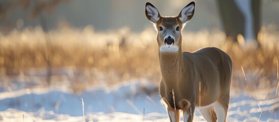 Beautiful majestic deer standing gracefully in a lush green field of tall wild grasses on a clear sunny day
