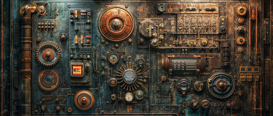 background, old technology with pipes on modern circuit board - 735517897