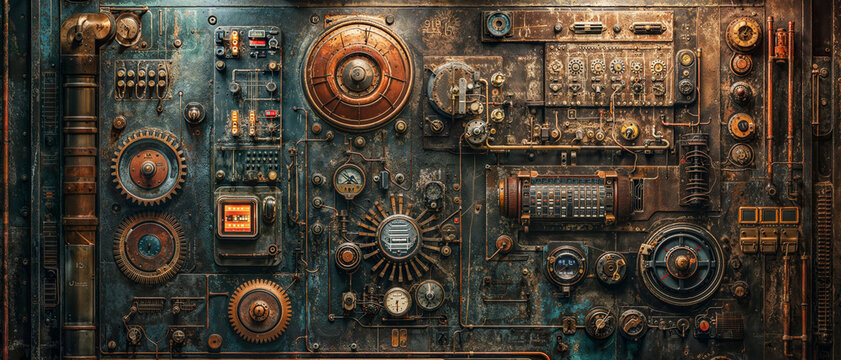 background, old technology with pipes on modern circuit board