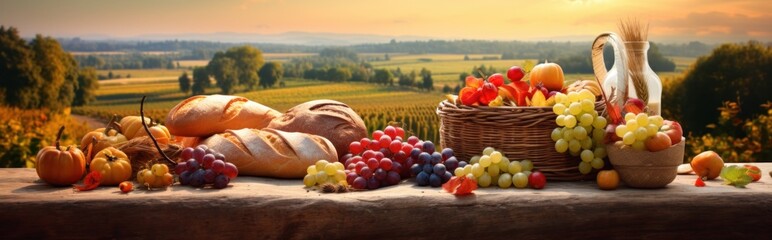 Autumn Harvest and Bread on Wooden Table