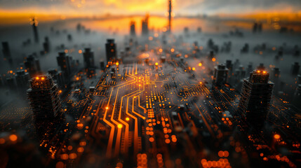 cityscape on circuit board background, concept of digital world, dramatic sky, evening, illuminated conductor tracks - 735518447