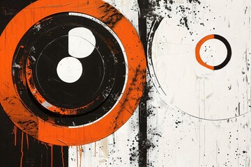 Abstract Grunge Art with Orange and Black Circles on Canvas