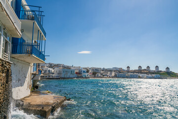  Famous windmills at the coast of Mykonos island, Cyclades, Greece