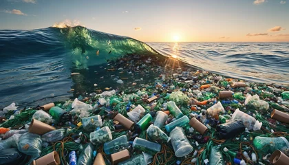 Fototapeten Free-floating industrial plastic waste in the ocean and on beaches, massively polluting coastal regions and waters around the world - ai generated © Christoph Burgstedt