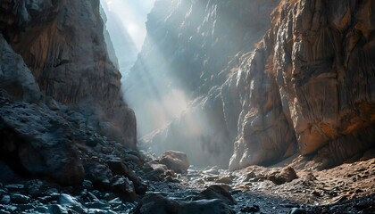 a narrow canyon with rocks and water in it - obrazy, fototapety, plakaty