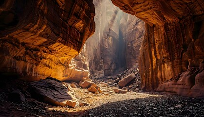a narrow canyon with a narrow opening in the middle - obrazy, fototapety, plakaty