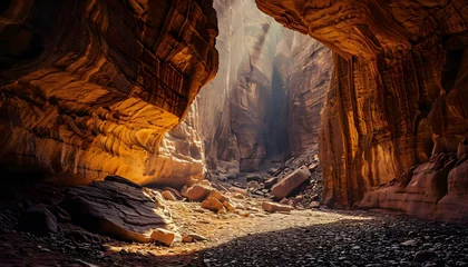 Foto op Plexiglas a narrow canyon with a narrow opening in the middle © KWY