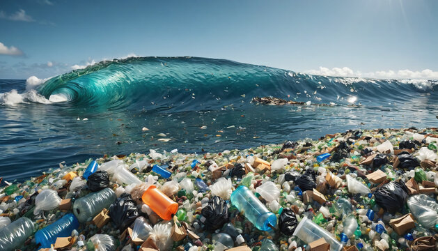 Free-floating industrial plastic waste in the ocean and on beaches, massively polluting coastal regions and waters around the world - ai generated