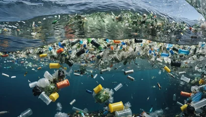 Fototapeten Free-floating industrial plastic waste in the ocean and on beaches, massively polluting coastal regions and waters around the world - ai generated © Christoph Burgstedt