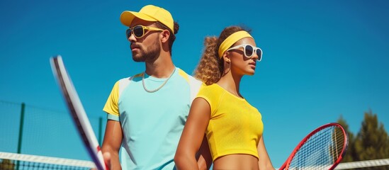 Happy couple holding tennis rackets, enjoying outdoor sports activities in summer sunshine
