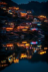 a night view of a town with a lake in front of it