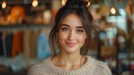 A vibrant woman with a warm smile and layered brown hair gazes confidently into the camera, showcasing her stylish clothing and captivating facial features - obrazy, fototapety, plakaty