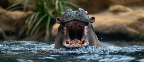 A large hippopotamus opening its mouth while relaxing in the calm water of a river