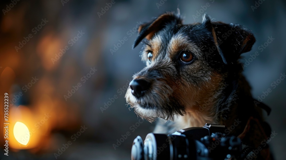 Poster a dog with a camera in front of a candle. generative ai.