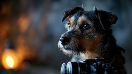 A dog with a camera in front of a candle. Generative AI.