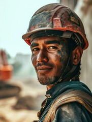 Portrait of a young indian coal miner. Generative AI. - obrazy, fototapety, plakaty